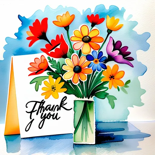 Prompt: Water color painting of a small bouquet of flowers and attached to the painting is is a card that clearly spells "Thank You"