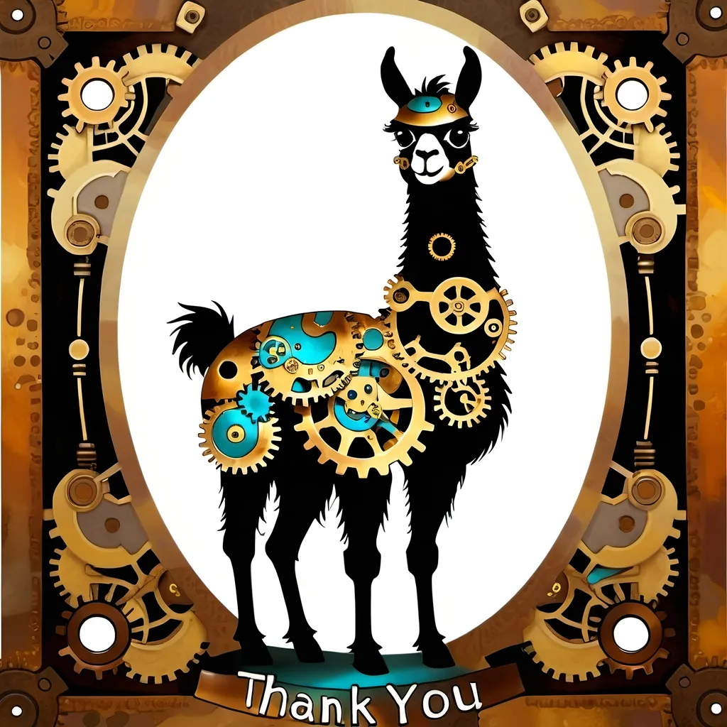 Prompt: (accurately spelled text "Thank You"), steampunk-inspired llama, intricate mechanical details, gears and cogs incorporated into the design, warm color scheme with rich browns and glowing golds, artistic brush strokes, whimsical yet sophisticated atmosphere, enchanting background with a hint of natural landscapes blending with industrial elements, captivating and ultra-detailed, oil painting style.