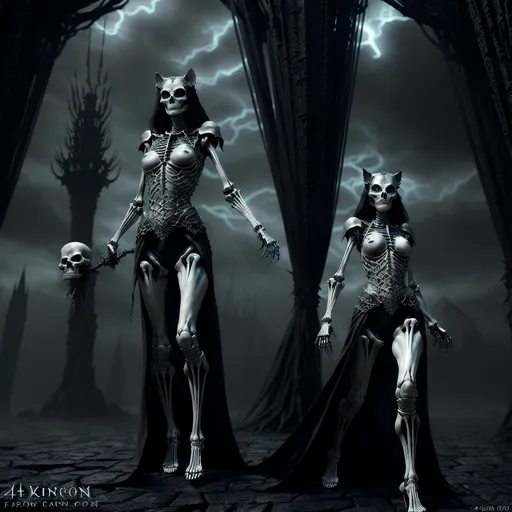 Prompt: skeletal bone Queen, dark color scheme, (fantasy RPG style), mysterious atmosphere, eerie background, intricate detailed armor, feline features woven into the design, dynamic pose, shadows and highlights emphasizing depth, high-adrenaline scene, (4K), ultra-detailed, magical aura surrounding the character, enchanting yet ominous vignette, dramatic composition.