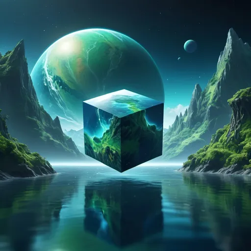 Prompt: (realistic style), (cube of a planet in space), highly detailed representation, vibrant water textures, ethereal atmosphere, majestic mountains, lush greenery, cool color scheme, serene and tranquil vibes, intricately rendered features, deep ocean blues and gentle greens, atmospheric details that evoke awe and wonder, ultra-detailed, 4K quality, captivating visual experience, immersive and enchanting.