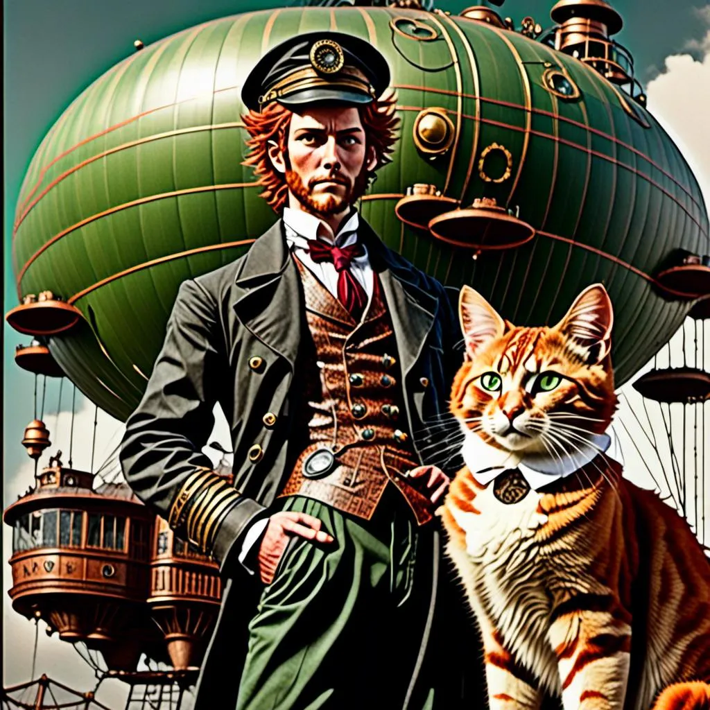 Prompt: <mymodel>high quality vintage lithograph, Full body view of Rugged Man with human face with goggles and cat ears, Dirigible Advertisement, matching cat ears to hair color, extremely detailed, intricate clothing, intricate, historical, detailed hair, detailed Blimp in background, artstyle-steampunk, detailed eyes, atmospheric lighting, vintage