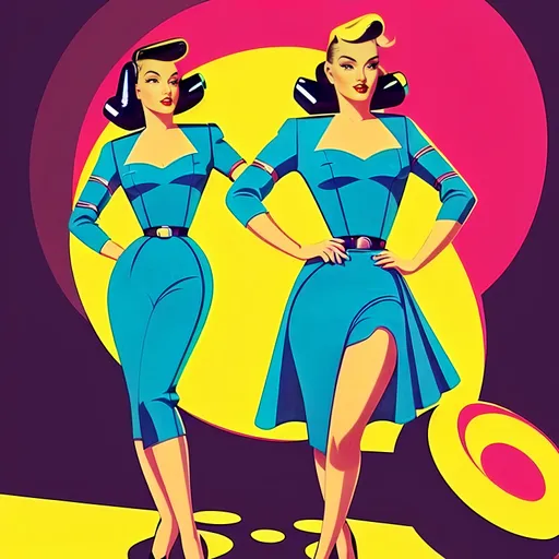 Prompt: futuristic-retro futurism style, (1940s pin-up women), vibrant warm color scheme, soft luminous lighting, nostalgic ambiance, elegant poses with playful expressions, vintage accessories, stylish hairdos, dreamy background blending futuristic elements with retro design, high detail and sharp focus, cinematic depth, the celebration of beauty throughout eras.