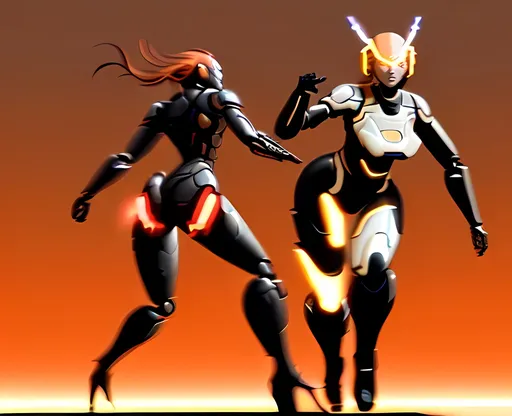 Prompt: photorealistic, (futuristic-sci-fi style), (warm color scheme), dynamic scene of the female Robot versus the female robot, (highly detailed), intense action, vibrant lighting, immersive sci-fi ambiance, dramatic shadows, intricate mechanical features, metallic textures, highly defined characters in combat, cinematic composition, 4K quality, fast-paced tension.