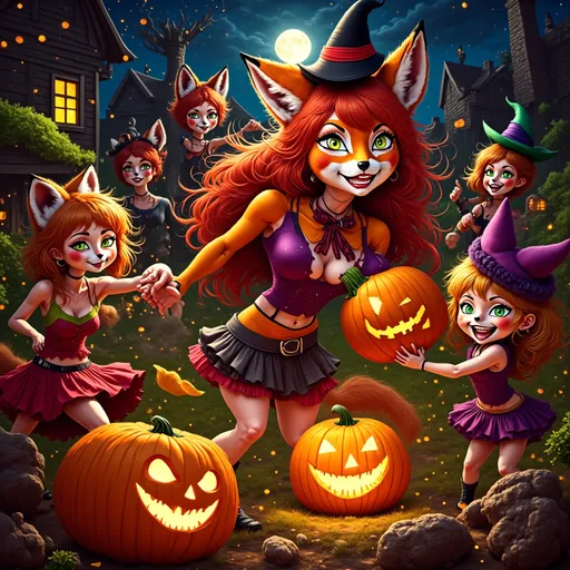 Prompt: (realism style) Red Foxy character, dressed for Halloween, surrounded by (excited neighborhood kids) joyfully trick-or-treating, (festive costumes), glowing jack-o’-lanterns, (spooky atmosphere), (moonlit night sky), (autumn leaves) creating an enchanting scene, (playful expressions), (high quality), (ultra-detailed), vibrant colors, warm lighting, engaging and cheerful vibe, evoking the thrill of Halloween festivities.