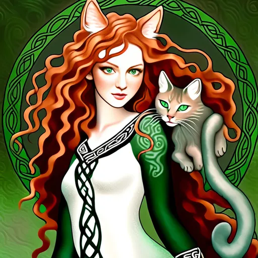 Prompt: Chinese ink illustration of a Celtic woman with cat ears and tail, long red curly hair, detailed green eyes, detailed skin texture, full body view, delicate, diffused lighting, beautiful, artistic, detailed, fantasy style Celtic background, long hair, detailed eyes, full-body, elegant, ethereal, soft lighting