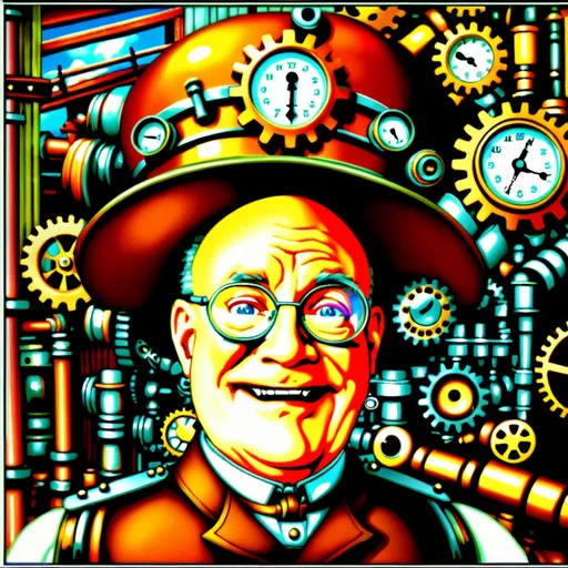 Prompt: (Humorous portrait), steampunk style, caricature drawing, pencil color  scheme, detailed facial features, expressive eyes, exaggerated pleasant smile, vintage military attire, quirky accessories, Iron gears and machinery in the background, cozy ambiance, ultra-detailed, engaging composition that blends humor and artistry, creating a captivating visual narrative.