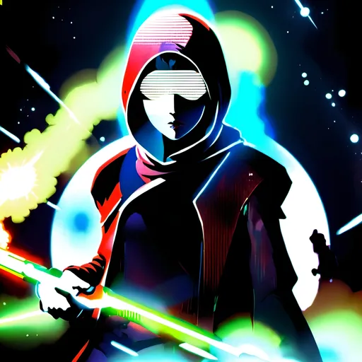 Prompt: anime style, (dark color scheme), outlaw characters from Star Wars, unique poses, rebellious vibes, high-contrast shadows, moody atmosphere, intricate details in character design, dynamic expressions, depth in lighting, (vibrant highlights), ultra-detailed artwork, dramatic ambiance, sci-fi elements, thematic background reflecting a galactic setting.