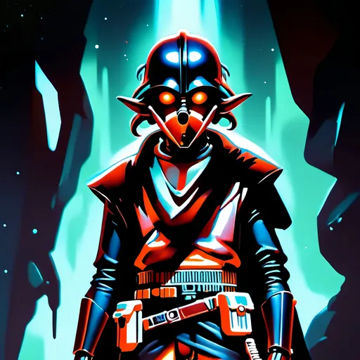 Prompt: anime style, (dark color scheme), outlaw characters from Star Wars, unique poses, rebellious vibes, high-contrast shadows, moody atmosphere, intricate details in character design, dynamic expressions, depth in lighting, (vibrant highlights), ultra-detailed artwork, dramatic ambiance, sci-fi elements, thematic background reflecting a galactic setting.