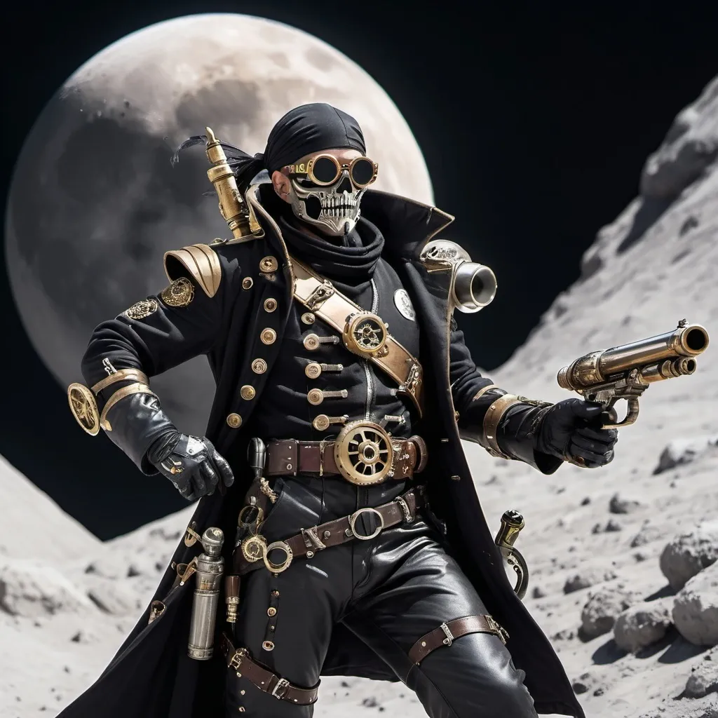 Prompt: Space Pirate in Black space suite  on Moon wielding a sword and steampunk flintlock pistol.