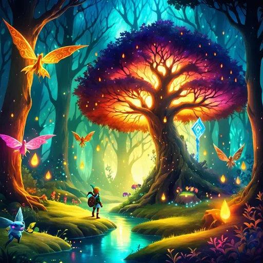 Prompt: fantasy scene inspired by (Legend of Zelda), whimsical landscapes, (vibrant warm colors), enchanted forests, mystical creatures, glowing lights, dramatic lighting, epic atmosphere, (magical elements), soft focus background, captivating details, adventurous spirit, high-resolution, (HD) quality.