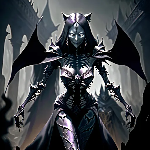 Prompt: skeletal bone Queen, dark color scheme, (fantasy RPG style), mysterious atmosphere, eerie background, intricate detailed armor, feline features woven into the design, dynamic pose, shadows and highlights emphasizing depth, high-adrenaline scene, (4K), ultra-detailed, magical aura surrounding the character, enchanting yet ominous vignette, dramatic composition.