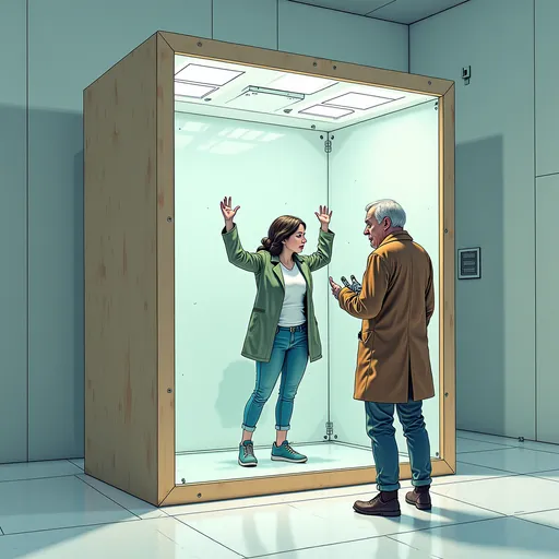 Prompt: (futuristic sci-fi style), scientists lab an old man in a corduroy coat and a single cybernetic finger, (standing in front of a giant open faced wooden box),  a woman in street clothes trapped inside Inside, The walls are a bright white material, a dully reflective metal or plastic. Panels high up in the corners appear to have small speakers or vents, her arms held up with hands pressed a glass front , her face locked in rictus of fear), (frozen in place yet looking perfect), (cool color scheme), (highly detailed), (dynamic contrast between figures), (tense atmosphere), (illustrative techniques).