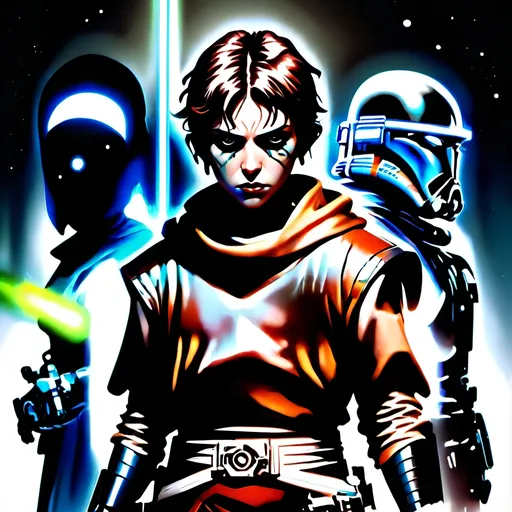 Prompt: anime style, (dark color scheme), outlaw characters from Star Wars, unique poses, rebellious vibes, high-contrast shadows, moody atmosphere, intricate details in character design, dynamic expressions, depth in lighting, (vibrant highlights), ultra-detailed artwork, dramatic ambiance, sci-fi elements, thematic background reflecting a galactic setting.