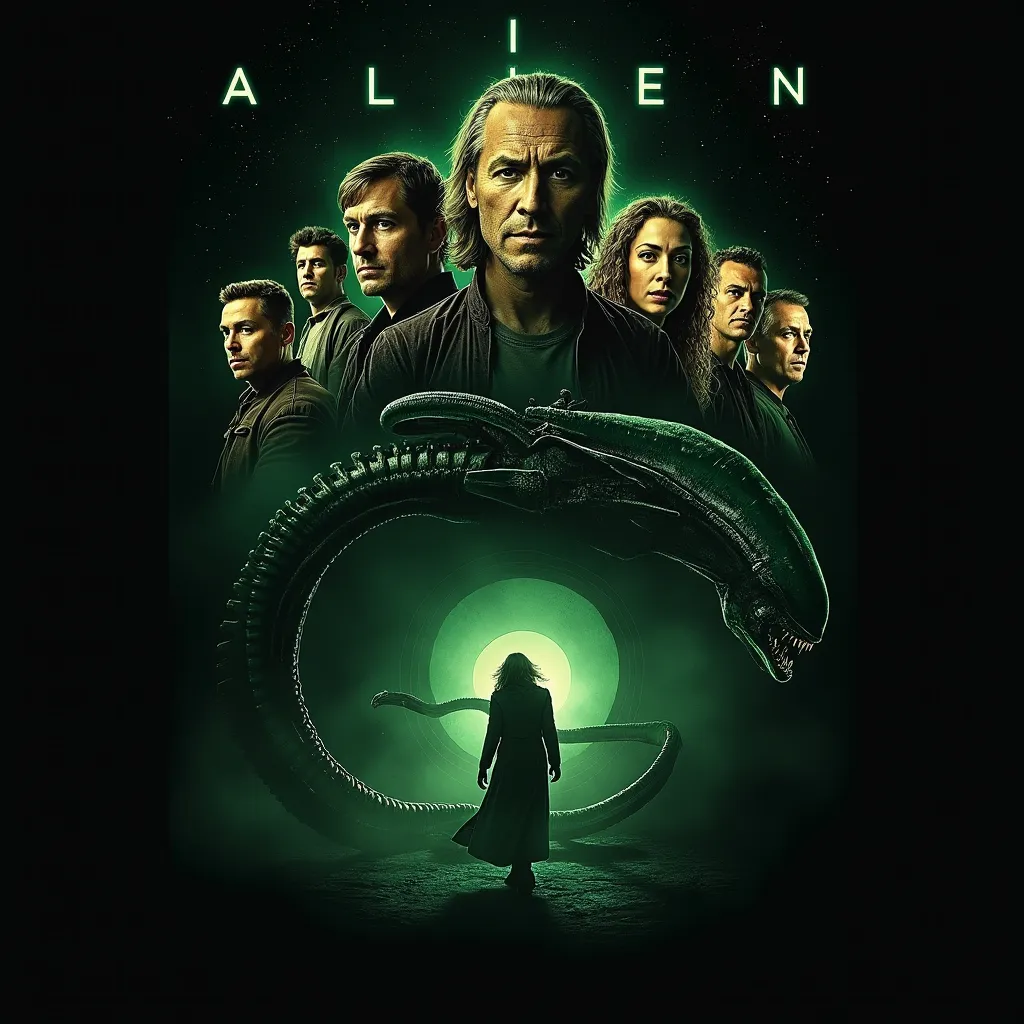 Prompt: Alien the movie, poster featuring the cast and  of the movie, the Nostromo spaceship in the background and the Alien creature hiding in the shadows