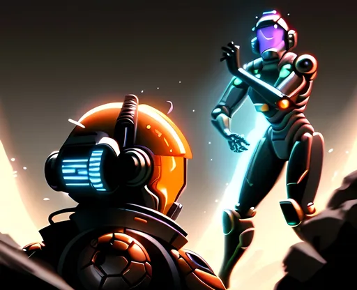 Prompt: photorealistic, (futuristic-sci-fi style), (warm color scheme), dynamic scene of the Forbidden Planet Robot versus the Lost in Space robot, (highly detailed), intense action, vibrant lighting, immersive sci-fi ambiance, dramatic shadows, intricate mechanical features, metallic textures, highly defined characters in combat, cinematic composition, 4K quality, fast-paced tension.