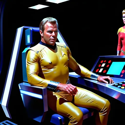 Prompt: (futuristic-sci-fi style), captain kirk with goatee), cool color scheme, vibrant blues and metallic silvers, high-tech backgrounds with glowing circuits, dramatic and cinematic lighting, highlighting their expressions, intricate details on outfits, ultra-detailed character design, atmospheric mood evoking exploration and adventure, striking visuals reminiscent of classic sci-fi themes.