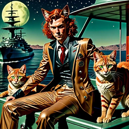 Prompt: <mymodel> Full body view of Rugged Man with human face and cat ears in 1940's futuristic boat Advertisement, matching cat ears to hair color, extremely detailed, intricate clothing, high quality, intricate, futuristic-retro futurism, historical, detailed hair, detailed spaceship in background