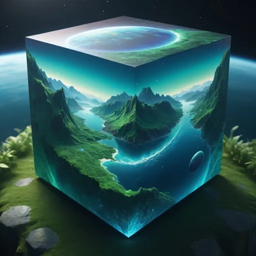 Prompt: (realistic style), (cube of a planet in space), highly detailed representation, vibrant water textures, ethereal atmosphere, majestic mountains, lush greenery, cool color scheme, serene and tranquil vibes, intricately rendered features, deep ocean blues and gentle greens, atmospheric details that evoke awe and wonder, ultra-detailed, 4K quality, captivating visual experience, immersive and enchanting.