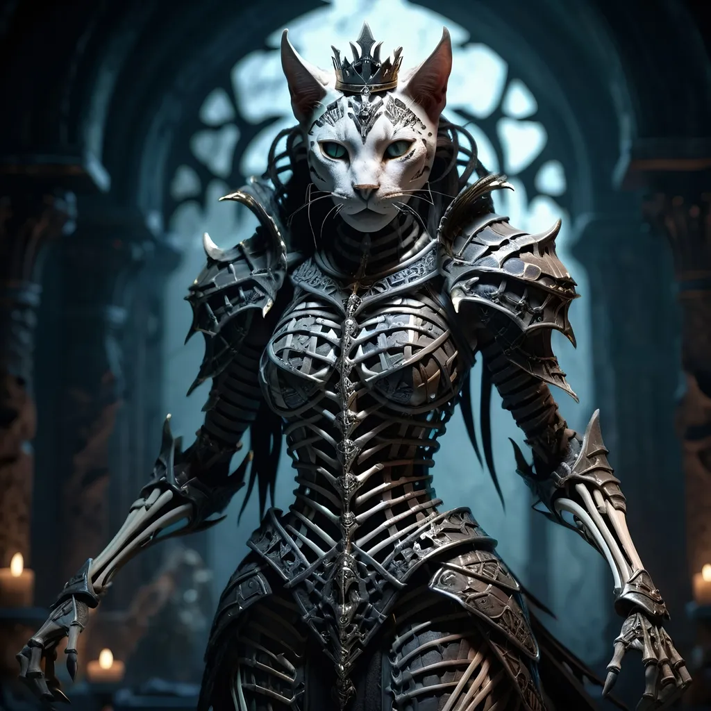 Prompt: skeletal bone Queen, dark color scheme, (fantasy RPG style), mysterious atmosphere, eerie background, intricate detailed armor, feline features woven into the design, dynamic pose, shadows and highlights emphasizing depth, high-adrenaline scene, (4K), ultra-detailed, magical aura surrounding the character, enchanting yet ominous vignette, dramatic composition.