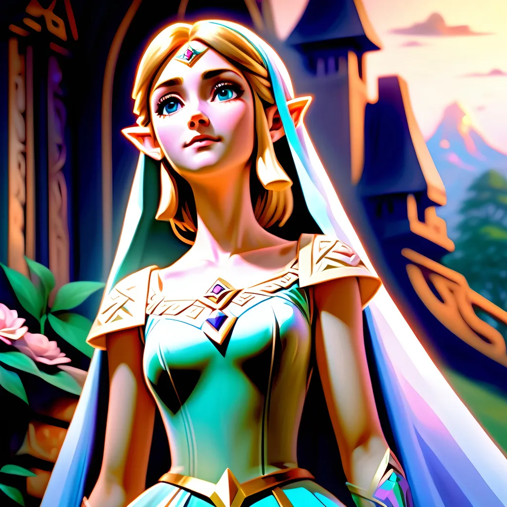 Prompt: (realism style), (pastel color scheme), scenic portrayal of the enigmatic, adventurous Zelda, intricate details in her elegant dress, soft hues illuminating her expression, dreamy background featuring enchanting landscapes, gentle lighting casting a calming atmosphere, 4K, ultra-detailed resurgence of a beloved character, capturing her spirit and timeless allure.