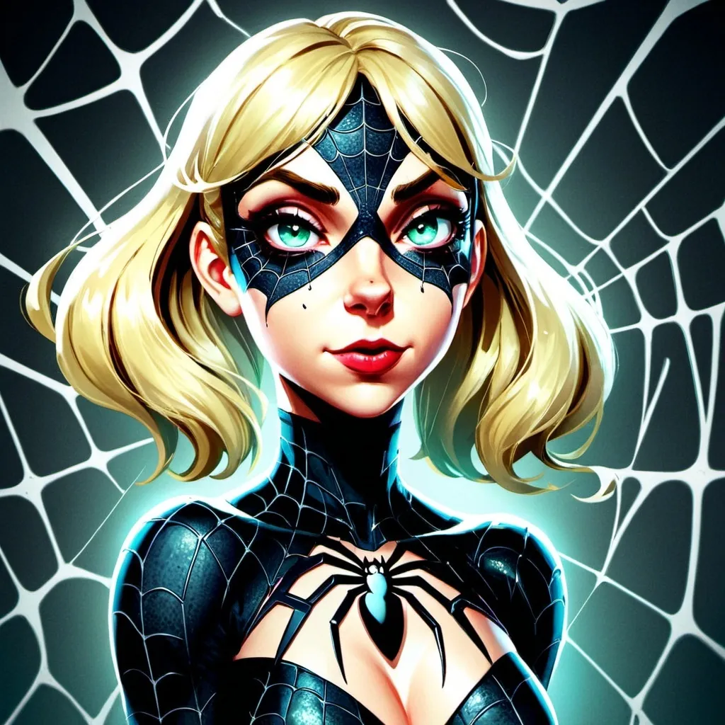 Prompt: Anime style, Gwendolyne Maxine "Gwen" Stacy , Anthropomorphic spider girl, full body view, best quality, expressive eyes, glowing, luminous, perfect face, 1 woman, spider transformation, blond  hair, spider web,