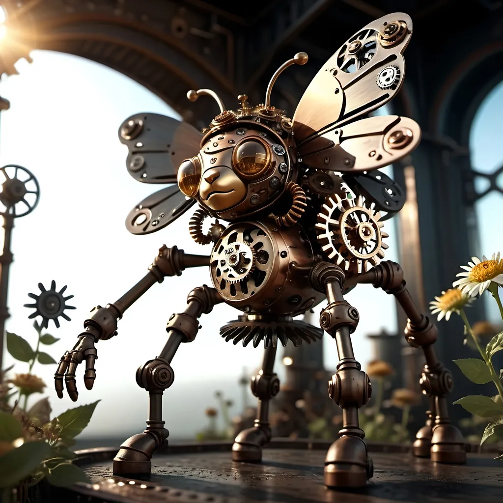 Prompt: (Metallic Steampunk Honey walking on a Cog flowers, all six legs visible), dark steampunk artstyle,  HD, 4K, crisp focus, atmospheric, intricate floral background with steampunk elements, metallic textures, gears and cogs intertwined with nature, soft sunlight filtering through, cinematic lighting, dramatic shadows, immersive and captivating scene.