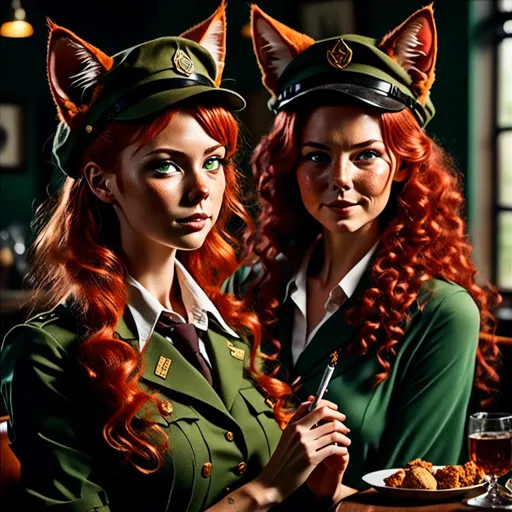 Prompt: <mymodel>Faded colors Old WWII Style Commercial smoking with with friends, detailed human facial anatomy, Cat ears Match Hair Color,  detailed background, natural lighting, highres, professional
