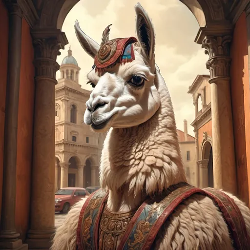 Prompt: (anthropomorphic llama, hugely muscled, heroic pose), (Renaissance art style), warm color palette, rich textures, detailed anatomy, dramatic lighting, heroic atmosphere, uplifting mood, intricate background featuring classical architecture, soft brush strokes, vivid depictions of strength and valor, highly detailed, 4K quality, evocative and timeless composition