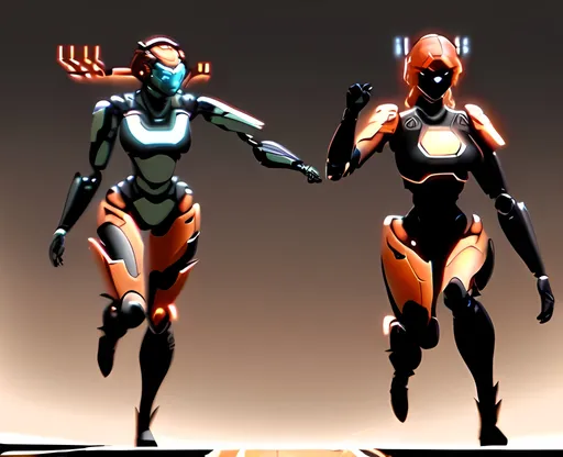 Prompt: photorealistic, (futuristic-sci-fi style), (warm color scheme), dynamic scene of the female Robot versus the female robot, (highly detailed), intense action, vibrant lighting, immersive sci-fi ambiance, dramatic shadows, intricate mechanical features, metallic textures, highly defined characters in combat, cinematic composition, 4K quality, fast-paced tension.