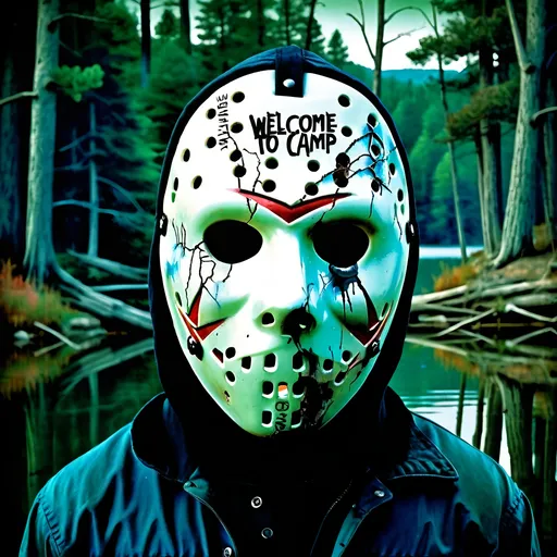 Prompt: (surrealism style), (vibrant color scheme), Jayson Vorhees standing by a lake wearing a cracked and scarred Friday the 13th mask, eerie yet captivating atmosphere, sign that reads "(accurately spelled text 'Welcome to Camp Crystal Lake')", unsettling background with distorted trees and surreal elements, vivid blues and greens contrasted with dark shadows, high detail, immersive composition, dreamlike ambiance.