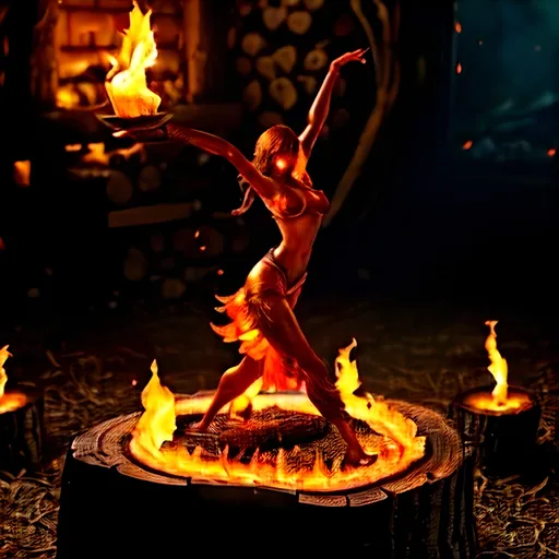 Prompt: (open hearth), (a female shaped flame elemental dancing atop the logs), fantasy style, warm color scheme, glowing embers illuminating the surroundings, ethereal ambiance, flickering shadows, intricate flames creating fluid motion, high detail, 4K, cinematic atmosphere, soft light casting a magical glow, enchanting and captivating scene.