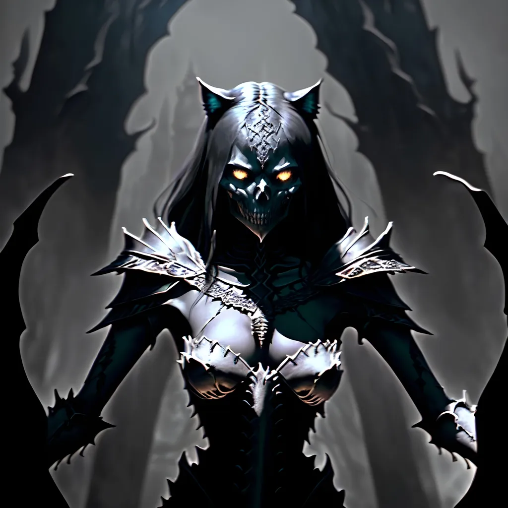 Prompt: skeletal bone Queen, dark color scheme, (fantasy RPG style), mysterious atmosphere, eerie background, intricate detailed armor, feline features woven into the design, dynamic pose, shadows and highlights emphasizing depth, high-adrenaline scene, (4K), ultra-detailed, magical aura surrounding the character, enchanting yet ominous vignette, dramatic composition.