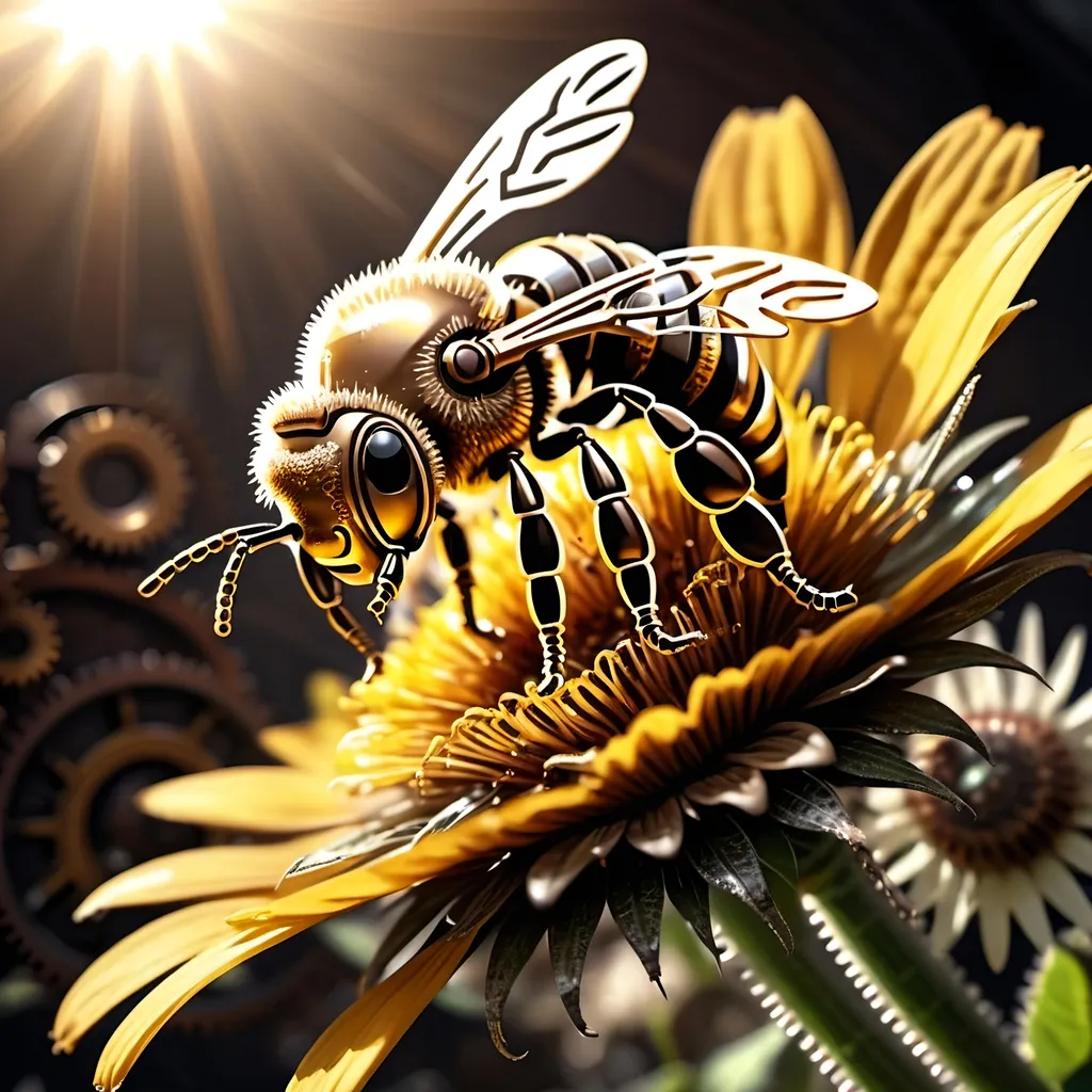 Prompt: Close up (Steampunk Honey bee sipping nectar on a flower, all six legs visible), dark steampunk artstyle,  HD, 4K, crisp focus, atmospheric, intricate floral background with steampunk elements, metallic textures, gears and cogs intertwined with nature, soft sunlight filtering through, cinematic lighting, dramatic shadows, immersive and captivating scene.