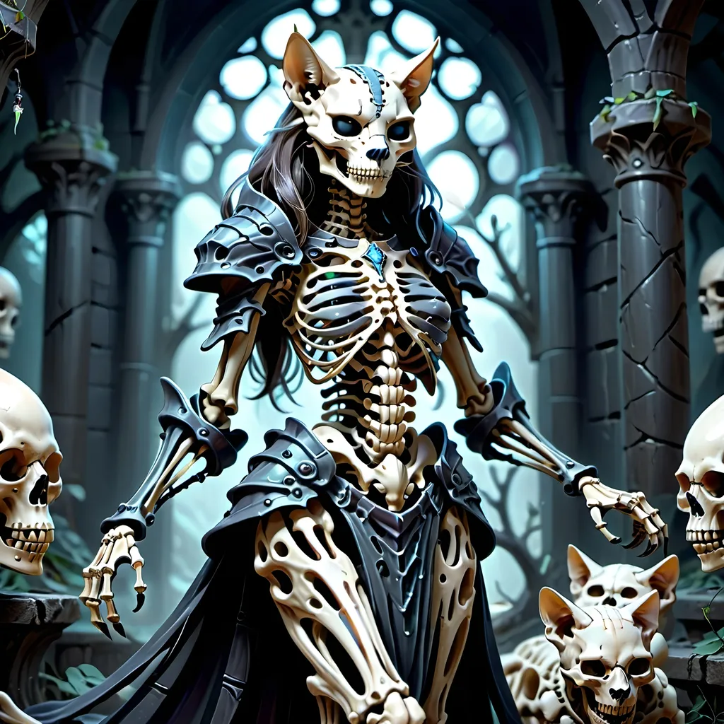 Prompt: skeletal bone Queen, dark color scheme, (fantasy RPG style), mysterious atmosphere, eerie background, intricate detailed armor, feline features woven into the design, dynamic pose, shadows and highlights emphasizing depth, high-adrenaline scene, (4K), ultra-detailed, magical aura surrounding the character, enchanting yet ominous vignette, dramatic composition.