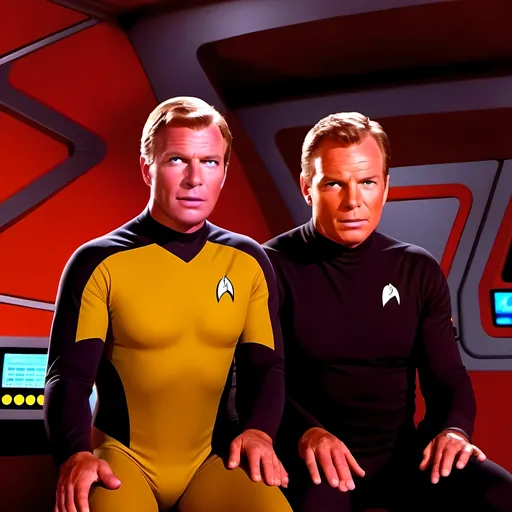 Prompt: (futuristic sci-fi scene), left Kirk in striking Red and black attire, detailed facial features, center Kirk in vibrant yellow and black uniform, sitting in captains chair confidently, (high-tech Bridge of the Enterprise) with glowing controls, luminous screens, atmospheric lighting, sleek design, dynamic expressions, (ultra-detailed) background, emotion of adventure, (vibrant color scheme), visually immersive and fantastical elements, high energy ambiance.