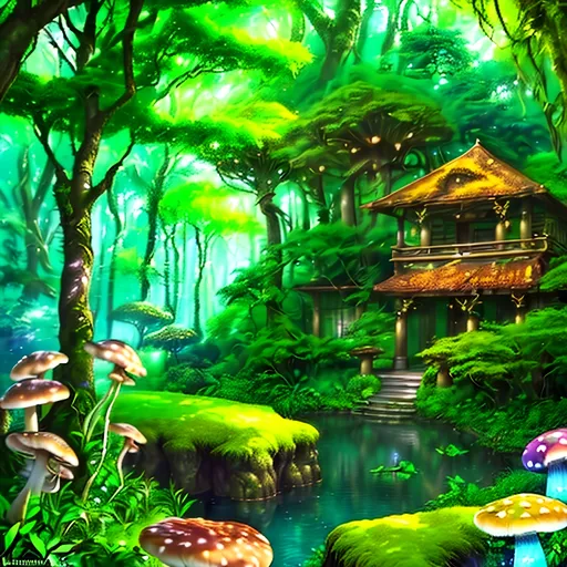 Prompt: (photorealistic style), lush Hyrule, vibrant warm colors, enchanting atmosphere, sunlight filtering through dense foliage, soft glowing mushrooms, serene winding path, magical fauna, mystical creatures peeking from behind trees, deep green foliage with golden highlights, ultra-detailed, immersive landscape, tranquil ambiance, adventurous spirit, ideal for storytelling backgrounds.