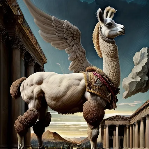 Prompt: (anthropomorphic llama, extremely godlike muscled, heroic pose, full body shot), (Renaissance art style), warm color palette, rich textures, detailed anatomy, dramatic lighting, heroic atmosphere, uplifting mood, intricate background featuring classical architecture, soft brush strokes, vivid depictions of strength and valor, highly detailed, 4K quality, evocative and timeless composition