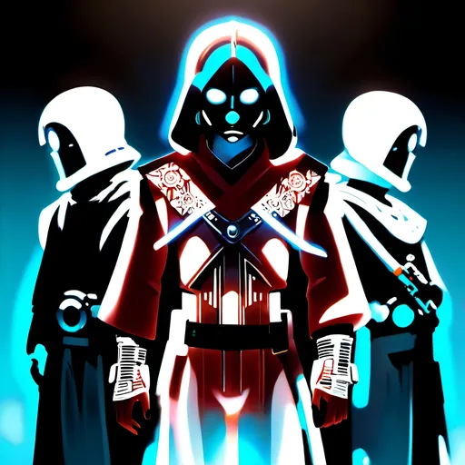 Prompt: anime style, (dark color scheme), outlaw characters from Star Wars, unique poses, rebellious vibes, high-contrast shadows, moody atmosphere, intricate details in character design, dynamic expressions, depth in lighting, (vibrant highlights), ultra-detailed artwork, dramatic ambiance, sci-fi elements, thematic background reflecting a galactic setting.