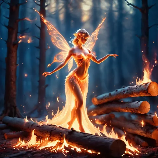 Prompt: (open hearth), (a fire fairy dancing atop the logs), fantasy style, warm color scheme, glowing embers illuminating the surroundings, ethereal ambiance, flickering shadows, intricate flames creating fluid motion, high detail, 4K, cinematic atmosphere, soft light casting a magical glow, enchanting and captivating scene.