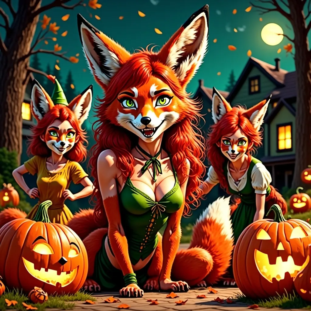 Prompt: Red Foxy character, dressed for Halloween, surrounded by excited neighborhood kids, joyfully trick-or-treating, festive costumes, glowing jack-o’-lanterns, spooky atmosphere, moonlit night sky, autumn leaves, playful expressions, high quality, ultra-detailed, engaging and cheerful vibe.