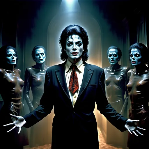 Prompt: (surrealism style image), (dark color scheme), a hauntingly dramatic scene inspired by Michael Jackson's Thriller, featuring an eerie ambiance with surreal elements, dynamic poses, featuring clearly visible portrait of Vincent Price, moody lighting, high detail, captivating atmosphere, (HD), a blend of the mystical and the macabre.