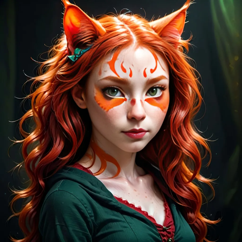 Prompt: furry female cat character, realistic red cat ears and tail, intense gaze, pale red eyebrows, dramatic pose, full long red curly hair, freckles, lips parted, detailed anatomy, detailed green cat eyes, soft shadows, dark moody ambiance, dark background, rich textures, elevated soft lighting, ultra-detailed, fantasy atmosphere, dark color scheme.