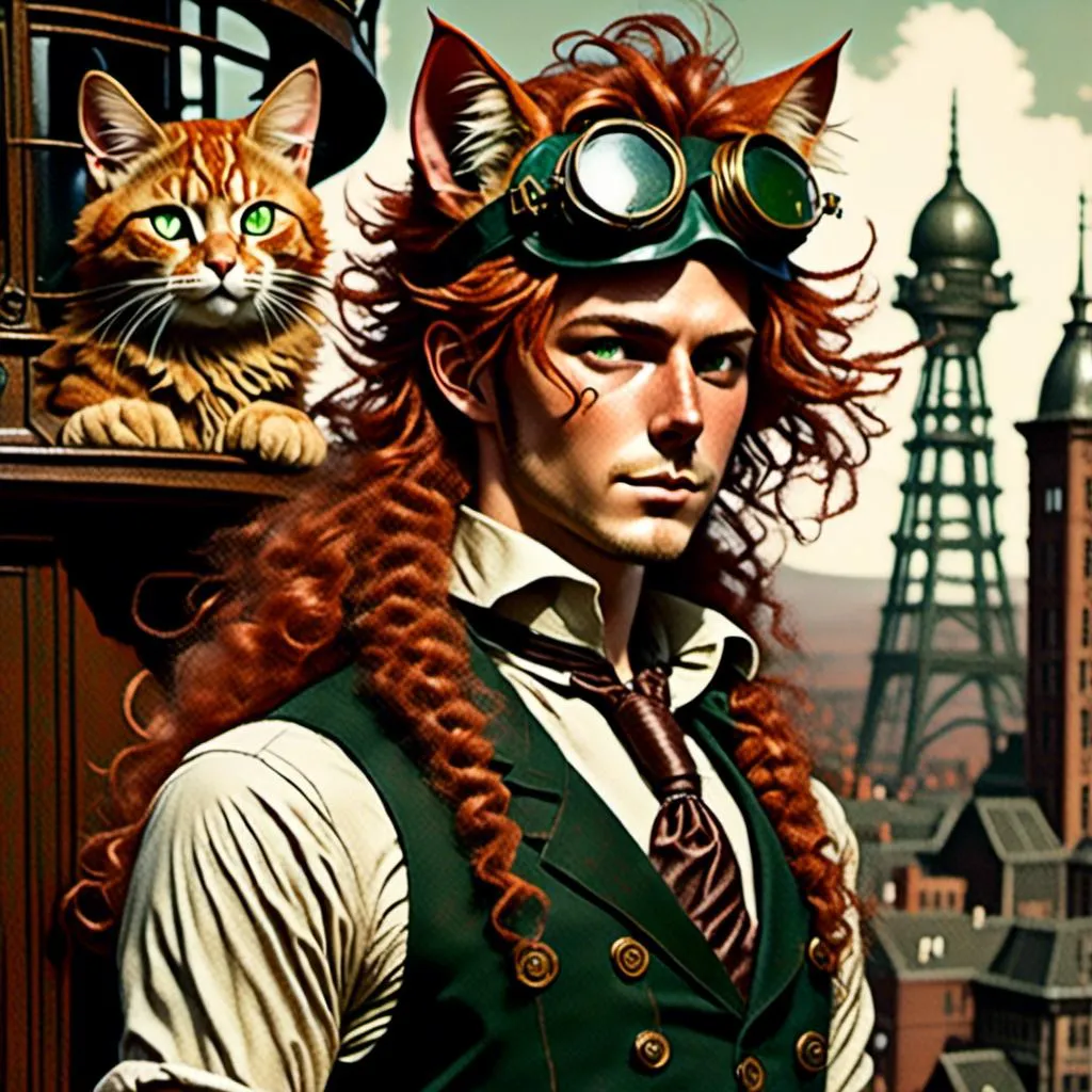 Prompt: <mymodel>high quality vintage lithograph, Full body view of Rugged Man with human face with goggles and cat ears, Dirigible Advertisement, matching cat ears to hair color, extremely detailed, intricate clothing, intricate, historical, detailed hair, detailed Blimp in background, artstyle-steampunk, detailed eyes, atmospheric lighting, vintage