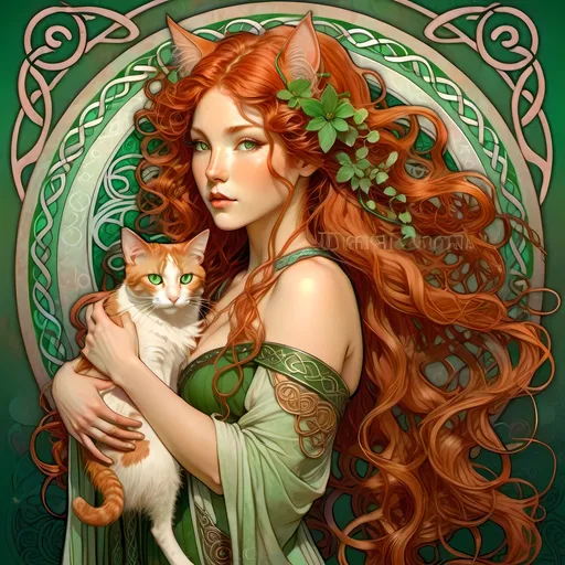 Prompt: Full Color Fantasy Japanese line art of a Celtic woman with cat ears and tail, long red curly hair, detailed green eyes, detailed skin texture, full body view, delicate, diffused lighting, beautiful, artistic, detailed, fantasy style Celtic background, long hair, detailed eyes, full-body, elegant, ethereal, soft lighting