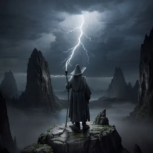 Prompt: (photorealistic) fantasy scene, (dramatic lighting), wizened old wizard with a pointed hat, long flowing robes, standing on a rocky mountainside, calling down lightning with his staff, (dark color scheme), mystical ambiance, swirling clouds overhead, electric energy in the air, high detail, ultra-detailed, capturing an epic moment with a sense of power, wonder, and magic.