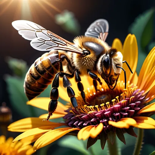 Prompt: Close up (Honey bee sipping nectar on a flower, all six legs visible), intricate wing details, photorealism, nature, dark steampunk artstyle, summer vibes, warm color scheme, vibrant, high-depth color tones, ultra-detailed, HD, 4K, crisp focus, atmospheric, intricate floral background with steampunk elements, metallic textures, gears and cogs intertwined with nature, soft sunlight filtering through, cinematic lighting, dramatic shadows, immersive and captivating scene.