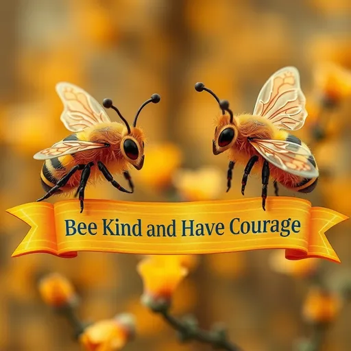 Prompt: fantasy style, (two Honey bees at each end of a banner that reads),(accurately spelled text "Bee Kind and Have Courage"), warm color scheme, vibrant hues of orange and gold, whimsical springtime  atmosphere, cozy and enchanting vibe, intricate details in design, magical aura, high quality, ultra-detailed, captivating and inviting presentation.