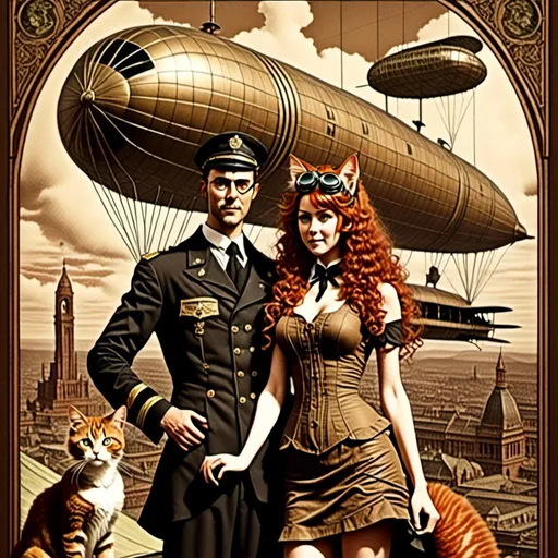 Prompt: <mymodel>high quality vintage lithograph, Full body view of Couple  with human faces and goggles, cat ears, Dirigible Advertisement, matching cat ears to hair color, extremely detailed, intricate clothing, intricate, historical, detailed hair, detailed Blimp in background,  detailed eyes, atmospheric lighting, vintage sepia tones