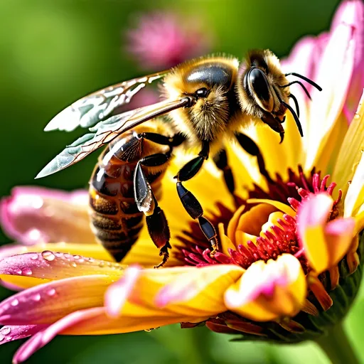 Prompt: (Close up Honey bee sipping nectar on a flower all six legs visible),  intricate wing details, nature, summer vibes, high-definition, ultra-detailed,  crisp focus, 4K.