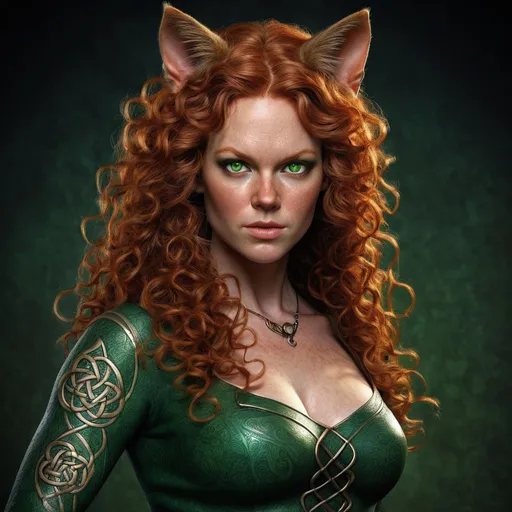 Prompt: Realistic, 40 year old full figured Celtic woman women with cat ears and tail, full long red curly hair, various poses, intense gaze, detailed anatomy, detailed green eyes, realistic skin texture, very low light, detailed hair, professional, highres, detailed, intense, green eyes, cat ears, cat tail, 40 year old full figured Celtic woman, realistic, detailed anatomy, various poses, panting, skin texture, low light, Pen and ink Drawing, professional, realism, detailed hair